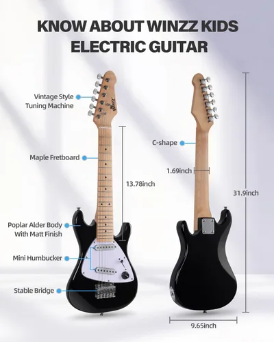 Vista 5 de Winzz - Guitarra eléctrica para niños de 30 pulgadas, kit para principiantes, guitarra eléctrica mini de tamaño 1/4 para niños, juego completo