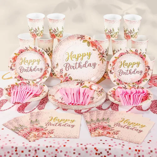 Vista 5 de Roshtia 175 piezas de suministros florales para fiesta, sirven a 25 invitados, juegos de vajilla de rosa de feliz cumpleaños para adultos y mujeres