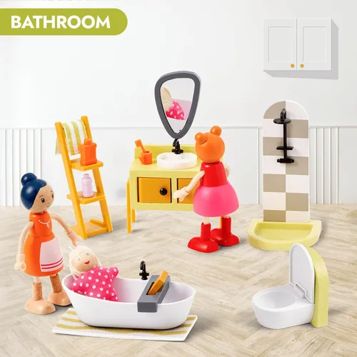 Vista 4 de Giant Bean 37 piezas de muebles de madera y plástico verde para casa de muñecas, juego de cocina y baño, accesorios modernos de madera para casa