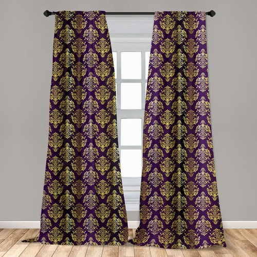 Vista 3 de Ambesonne Yellow Damask Curtains, Graphic Pattern of Oriental Leaf and Dot Repeating Print, Window Treatments 2 Panel Set for Living Room Bedroom