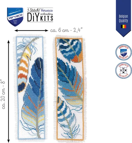 Vista 2 de Vervaco Juego de marcapáginas de punto de cruz con plumas azules (juego de 2) de 2.4 x 8 pulgadas