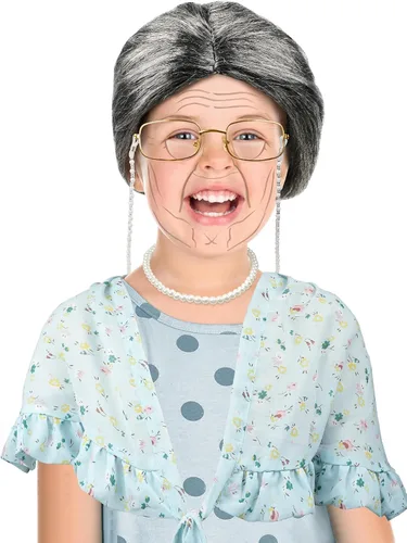Vista 5 de Popsunny Disfraz de 100 días de escuela para niños y niñas, peluca de anciana y anteojos, disfraz de abuela para fiesta de cosplay