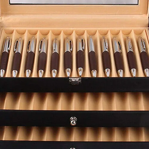 Vista 6 de Caja organizadora de bolígrafos de franela de cuero negro de 36 piezas, caja organizadora de bolígrafos de vidrio con tapa, vitrina de cristal