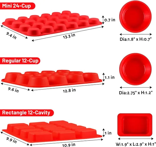 Vista 2 de CAKETIME Molde de silicona para magdalenas de 24 tazas, molde mini para magdalenas de 12 tazas, molde para pan de 12 tazas, juego de utensilios
