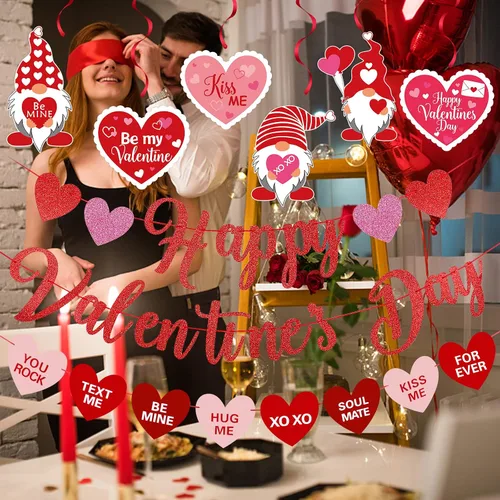 Vista 2 de Cartel rojo de feliz día de San Valentín y decoración de remolinos de corazón colgante de San Valentín para decoración de fiesta de feliz día de San