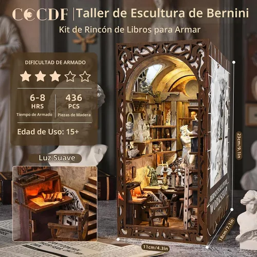 Vista 2 de Bernini's - Kit de rincón de libro para taller, taller, casa en miniatura Rompecabezas de madera 3D, decoración de inserción de estantería