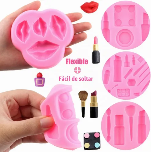 Vista 4 de ZiXiang Moldes de silicona con temática de maquillaje, moldes para fondant, para el día de San Valentín, beso labial, lápiz labial, perfume