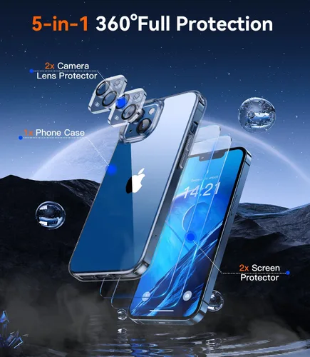 Vista 2 de Funda 5 en 1 para iPhone 14 transparente con 2 protectores de pantalla + 2 protectores de lente de cámara