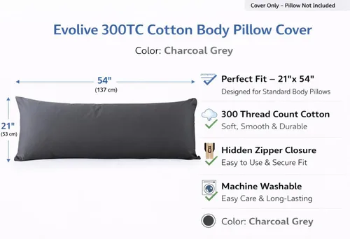 Vista 2 de Evolive Nueva Funda de Almohada Corporal de Hilo 300TC 100% Algodón con Cierre de Cremallera Oculto 21"x54" (Gris Carbón)
