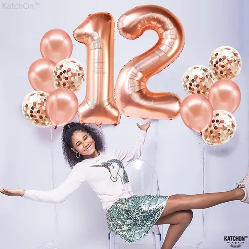 Vista 3 de KatchOn, Globo del número 12, globos de aluminio de Mylar de oro rosa de 40 pulgadas Globos gigantes del número 1 y 2 con 5 globos de látex y 5
