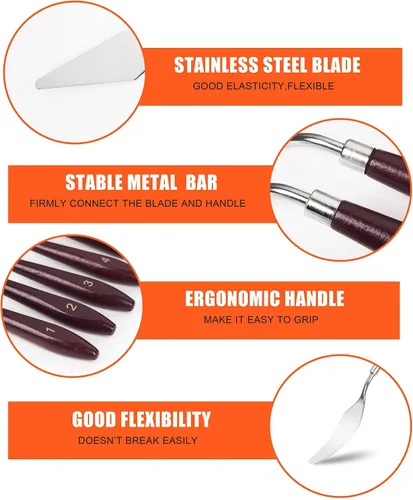 Vista 3 de Cuchillo de paleta – 5 cuchillos de acero inoxidable con bordes lisos y mango de madera para un agarre resistente, raspador de mezcla para pintura