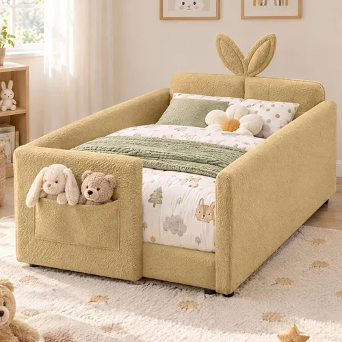 Vista 18 de Cama de suelo tapizada de tamaño matrimonial con valla y bolsillos, cama de Cama de suelo tapizada de tamaño matrimonial con listones y cabecero