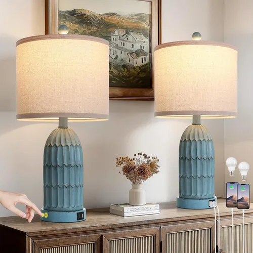 Vista 10 de Touch Table Lamp for Bedroom Nightstand, Cream Farmhouse Vintage Rustic 3-Way Dimmable Bedside Lamps with 2 USB Charging Ports,Single Cream