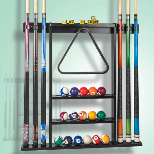 Vista 6 de Soporte negro para palos de billar, soporte de pared para tacos de billar, soporte de piso de madera maciza para palos de billar, capacidad para 6