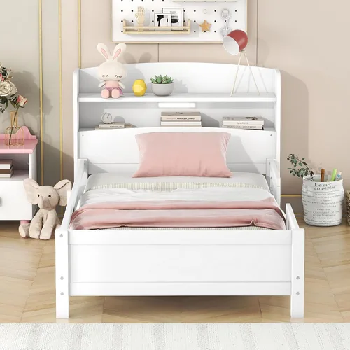 Vista 11 de SOFTSEA Base de cama de tamaño individual para niños, cama de plataforma con cabecera de almacenamiento y luz LED, marco de cama de plataforma