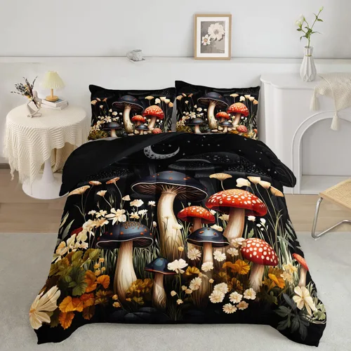 Vista 15 de AILONEN Juego de ropa de cama de 3 piezas, 1 edredón + 2 fundas de almohada, diseño floral adornado y medallones tonales para dormitorio gótico