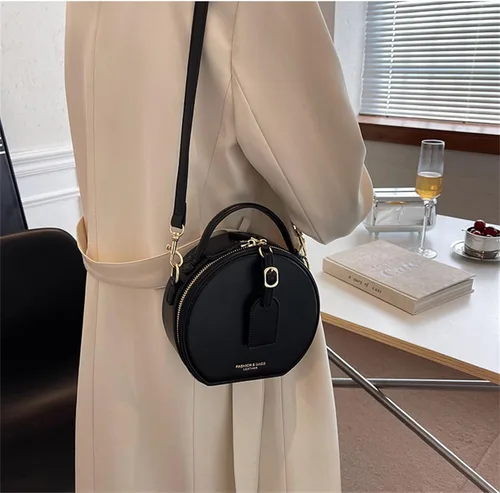Vista 3 de Bolso redondo de cuero occidental para mujer, bolso redondo retro con asa superior con correa