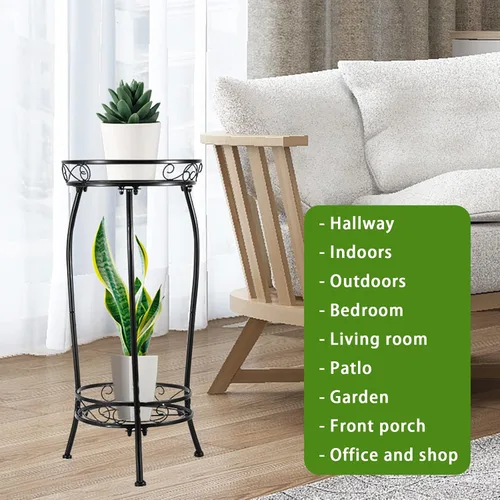Vista 5 de Kavlium Paquete de 2 Soportes para Plantas de Interior y Exterior, Soportes Altos de Metal Negro Resistentes al Óxido y Estables, Estante
