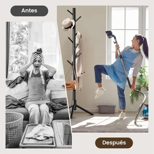 Vista 7 de Hupmad Perchero de árbol de madera, perchero resistente independiente con 8 ganchos, 3 alturas ajustables para niños y adultos, perchero de madera