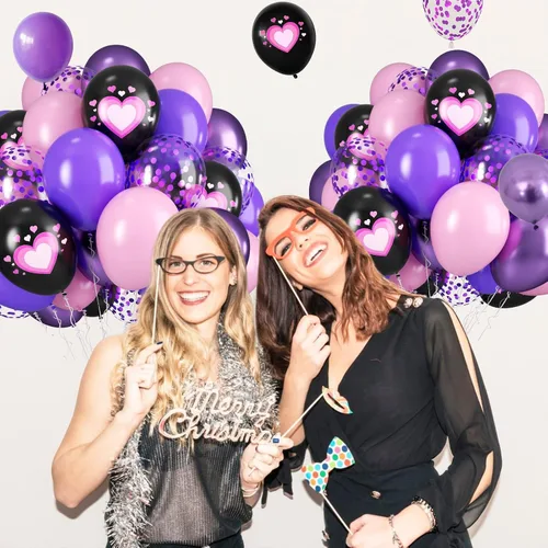 Vista 8 de Globos rosa púrpura negros, 50 unidades de 12 pulgadas, globos de cumpleaños con forma de corazón impresos en color rosa púrpura metálico negro