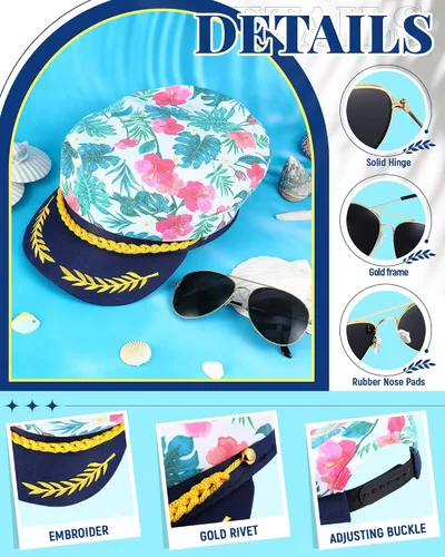 Vista 3 de Mepase 4 sombreros de capitán ajustables florales para disfraz de marinero y 4 pares de lentes de sol clásicos de metal para mujeres y hombres