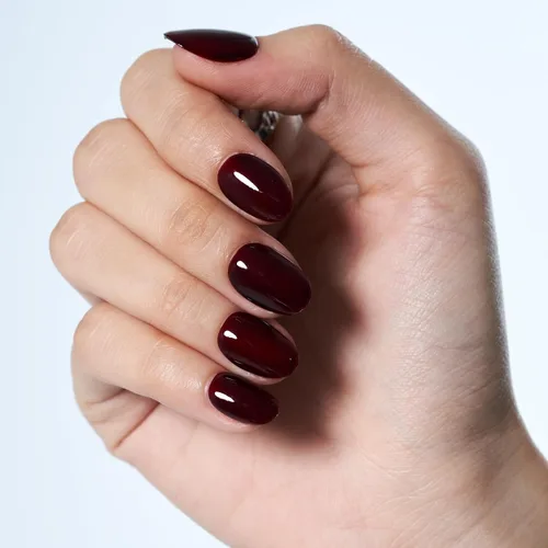Vista 8 de GLAMERMAID Uñas postizas cortas ovaladas, góticas, hechas a mano, color burdeos gótico, pegamento de gel para otoño, 24 unidades, brillantes