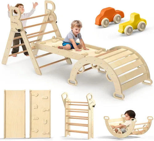 Vista 10 de BlueWood Pikler - Juego de triángulos 7 en 1 plegables, juguetes de escalada Montessori de madera con arco y rampa y escalera, escalador para bebés