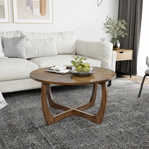 Vista 5 de Mesa de centro de madera redonda de 33.5 "D con patas curvas, tapa de grano