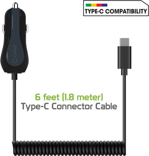 Vista 3 de Cellet Cargador de coche de doble puerto USB de 15 vatios de carga rápida con cable tipo C de 4 pies de alta potencia de 3 amperios compatible