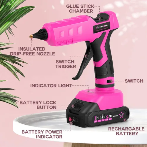 Vista 12 de Pistola de pegamento caliente, pistola de pegamento inalámbrica rosa de 20 V con 30 barras de pegamento de tamaño completo, kit de pistola