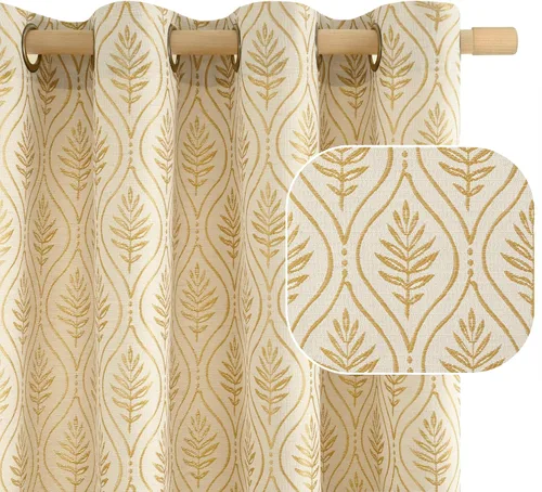 Vista 10 de BGment - Cortinas francesas de campo amarillas mostaza de 63 pulgadas de largo para dormitorio, patrón botánico de jacquard de hojas, estilo rústico