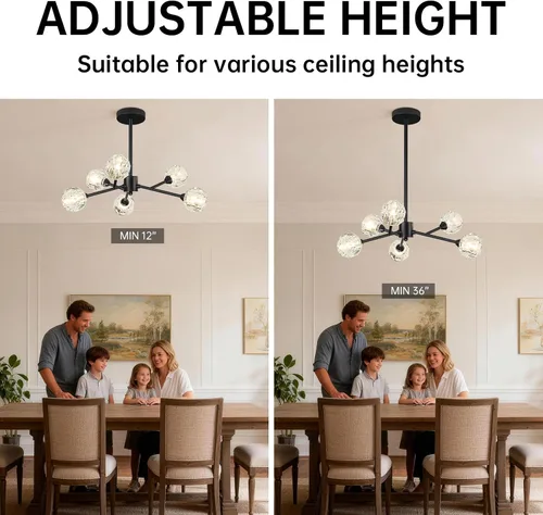Vista 7 de Weesalife Sputnik - Candelabros para comedor, 6 luces de 25 pulgadas de diámetro Black Sputnik Chandeliers Adjustable Height Modern Crystal