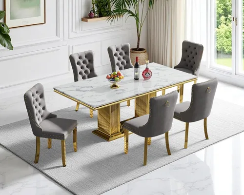 Vista 46 de Juego de 4 mesas de comedor blancas y doradas, mesa de cocina rectangular de 68 pulgadas con parte superior de mármol sintético blanco, mesa de Mesa