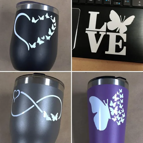 Vista 2 de Paquete de 4 calcomanías de mariposa: Infinito, corazón, amor, ala (tamaño pequeño, 3.5 pulgadas, blanco)