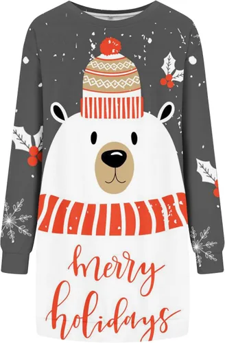 Vista 4 de Vestido con capucha para mujer de Navidad, manga larga, holgado con capucha Vestido lindo con estampado navideño