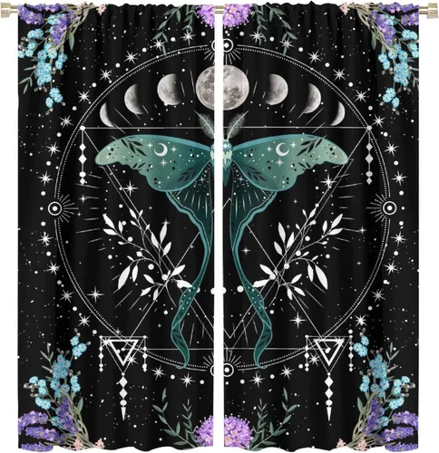 Vista 23 de Cortinas de mariposa de fantasía, polilla, sol, luna, estrella, arte floral, estampado floral, bolsillo para barra, cortinas opacas para ventana