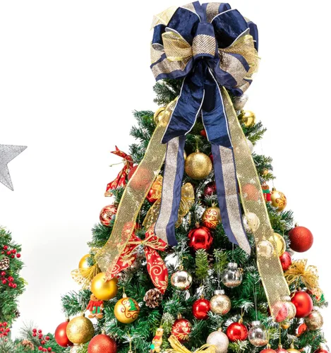 Vista 4 de Adorno de Lazo Azul Dorado para la Punta del Árbol de Navidad - 33 x 13 Pulgadas Lazo de Regalo Grande Hecho a Mano Decoración para Coronas