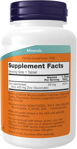 Vista 2 de NOW Foods Suplementos, Zinc (Gluconato de Zinc) 50 mg, Apoya las funciones enzimáticas*, Apoyo Inmunológico*, 250 Tabletas