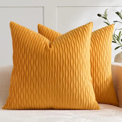 Vista 16 de DEZENE Fundas de almohada para sofá color marfil blanco: pack de 2 fundas de almohada cuadradas de terciopelo a rayas originales de 16x16 pulgadas