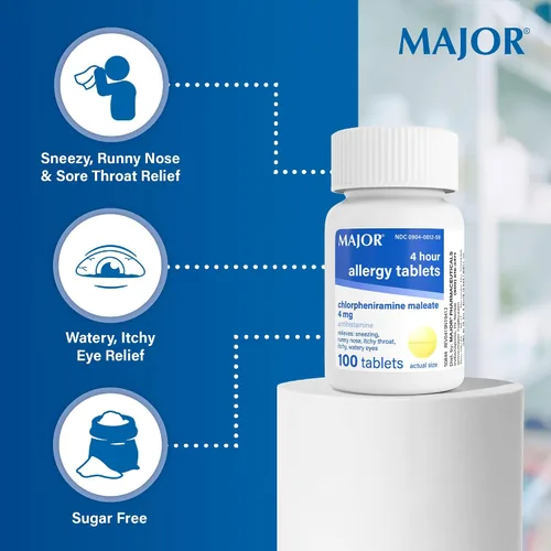 Vista 5 de Comprimidos para alergia MAJOR de 4 mg - Medicina para alergia de 4 horas de clorfeniramina maleato - Antihistamínico para el alivio de estornudos