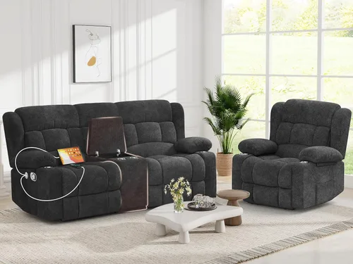 Vista 25 de Juego de sofá reclinable loveseat con 2+1 piezas, 2 plazas estilo minimalista reclinable manual con tirador, loveseat con puertos de carga USB