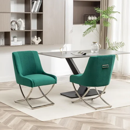 Vista 2 de Juego de 2 sillas de cocina y comedor, de terciopelo tapizado moderno, sillas de metal copetudas contemporáneas con patas plateadas en forma de X