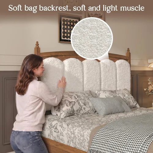 Vista 4 de Base de cama de madera tamaño Queen, cabecero copetudo de tela de peluche, sin ruido, cama de plataforma resistente de 800 libras con soporte