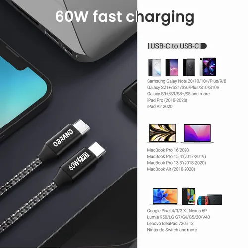 Vista 4 de Paquete de 3 cables USB C a USB C [1 pies+3 pies + 6 pies] 60 W 5A Cable de carga de nailon trenzado tipo C cable de carga rápida para iPhone