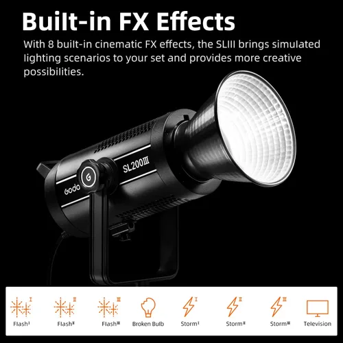 Vista 3 de Godox SL200III 215W (MAX.) Luces LED de fotografía de video, luces de estudio Bowens, salida continua, 8 efectos de iluminación preestablecidos