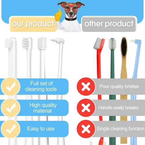 Vista 4 de Kit de cepillo de dientes para perros pequeños y cachorros, cerdas suaves, color blanco Cuidado suave para dientes pequeños. Cepillado