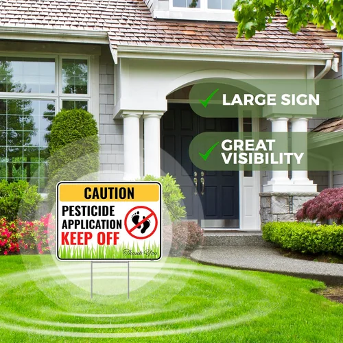 Vista 4 de Venicor Cartel de pesticidas con estacas de metal, 12 x 9 pulgadas, plástico corrugado, banderas de pesticidas para césped, aplicación de pesticidas