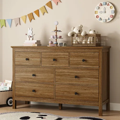 Vista 7 de Cómoda de roble para dormitorio, cómoda moderna de 7 cajones de 47 pulgadas con asas negras Cómoda de almacenamiento de madera de estilo natural