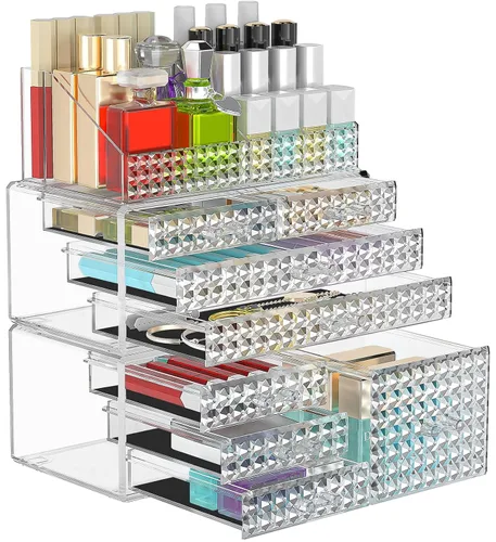Vista 12 de Paquete de 3 organizadores de maquillaje apilables [actualizados], estuches de almacenamiento de cosméticos acrílicos con 8 cajones organizadores