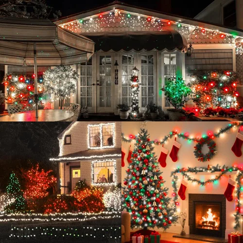 Vista 5 de Cadena de luces decorativas navideñas de 33 pies, 100 luces LED de alambre verde, luces de hadas estrelladas enchufables, 16 modos de iluminación